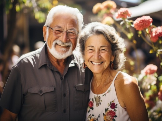 Senior man and woman smiling with flower bushes in background