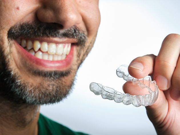 a man holding clear aligners and smiling