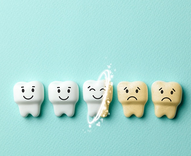 Row of animated teeth being whitened on teal background