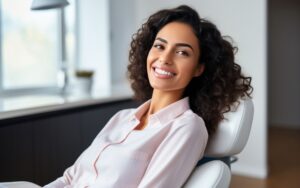 Woman with brown curly hair in pink shirt in dentist's chair smiling